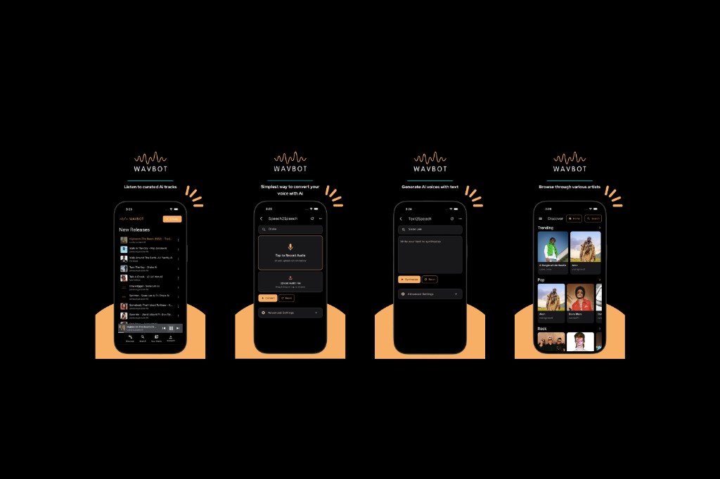 WAVbot app screens: listen to AI tracks, convert voice, generate speech from text, and browse artists